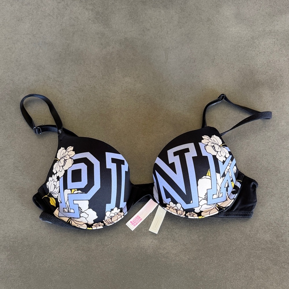 PINK Victoria's Secret Black and Blue Floral Bra